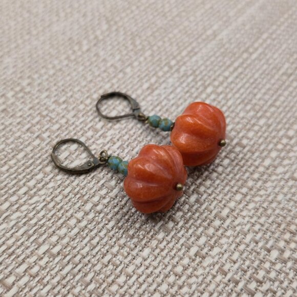 Copper Glass Pumpkin With Stone Handmade Earrings A6746 - Picture 3 of 6